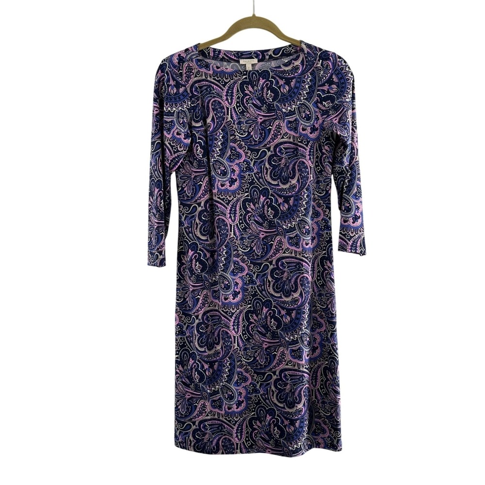 Talbots Petites Paisley Print Dress P Blue Pink 3/4 Sleeves Stretch 0-2 shift